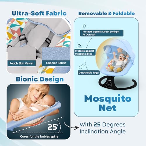 Image of Electric Baby Swing Rocker for Newborns & Infants | Automatic Baby Cradle with Bluetooth Music, Remote Control, Built-in Lullabies, Mosquito Net, Hanging Toys, Soft Cushion-Blue (0-12 Months)