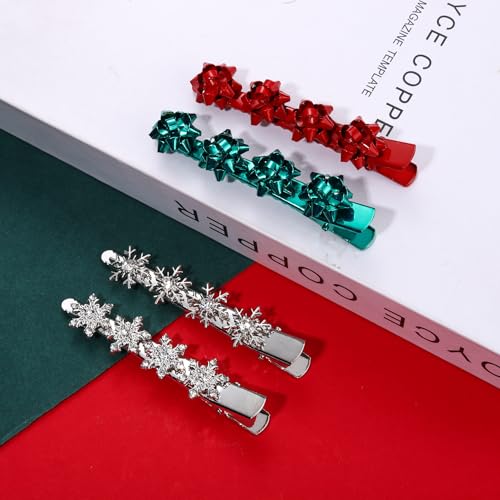 4PCS Pinzas para el cabello con copo de nieve navideño para mujeres, clip de pelo con cristal de rhinestone, accesorio festivo para disfraces de Navidad (Rojo Verde Plata) miniatura 2