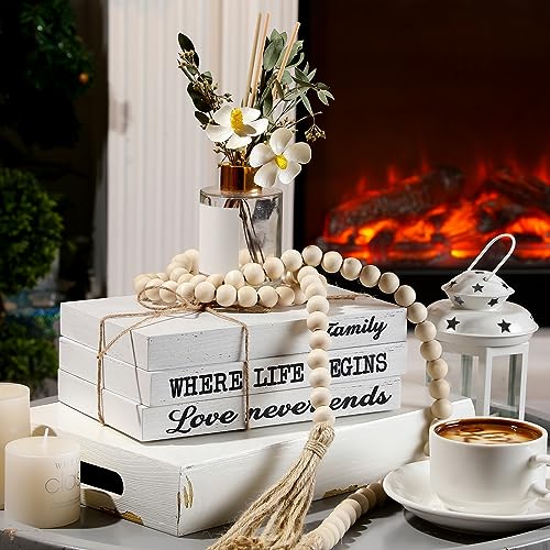 3 Libros Decorativos para decoración del hogar, Libros de imitación Blancos, Libros de exhibición Apilados con borlas de Cuentas de Madera para mesas de café, 58 Pulgadas (Familia Donde Comienza la - imagen 3