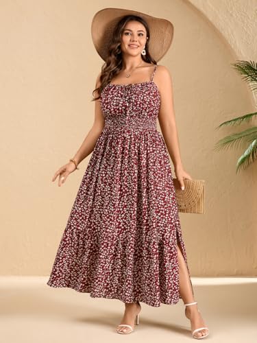 Image of SCOMCHIC Plus Size Summer Boho Dresses Spaghetti Strap Sleeveless Casual Sundress Smocked Flowy Slit Beach Maxi Dress