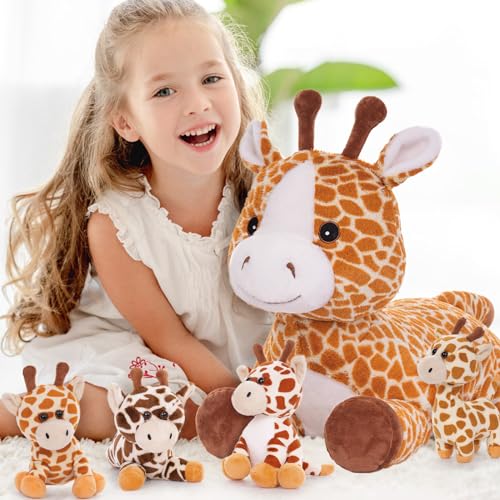 MorisMos 55cm lang riesen Giraffe Kuscheltier groß, Giraffe Stofftier XXL mit 4 Plüschbaby im Bauch, liegend Plüsch Hirsch Rehteddy,Geschenk Kinder Mädchen Jungen