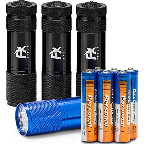 FX FFEXS LED Flashlight 4 Pack Small & Lightweight Flashlights Pocket Torch Multipack of Super Bright 9 LED Mini Aluminum - Flash Lamp Perfect for use Around The House use for Dog Walking Travel