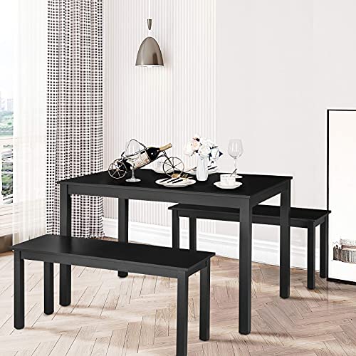 Giantex Dining Table With Bench, Wooden 3 Pcs Kitchen Dining Room Furniture For 4, Modern Studio Collection Table Set With 2 Benches, Dinette Set, Kitchen Small Bench Table Set (Black) #TOP1