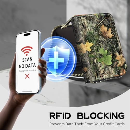 Image of Cute Credit Card Holder with Zipper, Camo Tree Leaf RFID-Blocking Card Case Small Wallet for Women Men, Multi-slot Card Organizer Case Travel Accordion Wallet