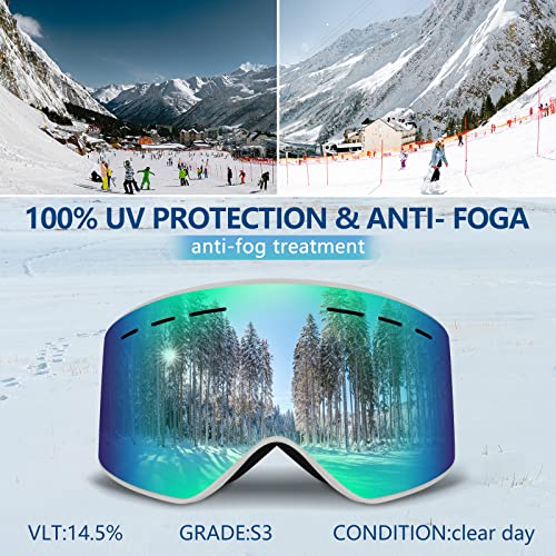 Opolly Ski Goggles, Double Layers Anti-Fog Ski Goggles Women,100% Uv400 Protection Snow Goggles For Men And Women (Blue Lens) (White Frame Green Len) #TOP1