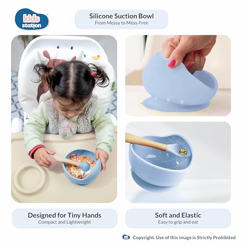 Image of Kids Station 8-Piece Silicone Baby Feeding Set | Suction Bowl, Plate, Bib, Cup, Spoon & Fork | 100% Food Grade BPA-Free Silicone | Non-Slip, Easy to Clean (Pack of 8, Blue)