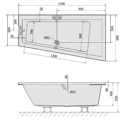 Wanna ANDRA 170 x 90 cm wersja prawa z nośnikiem wanny