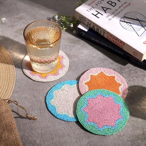 Image of Dreamy Walls Beaded Coaster Set of 4- Multicolor Glass-Bead Drink Coasters, Boho Table Decor for Dining & Gifting