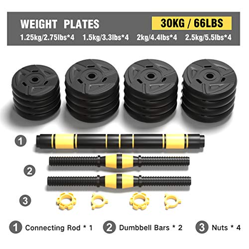 ER KANG Adjustable Dumbbells Set, 66lbs Free Weights Fitness Dumbbells with 19.7 inches Connecting Rod Used As Barbell for Home Gym, Workout, Whole Body Training 2 Pieces/Set