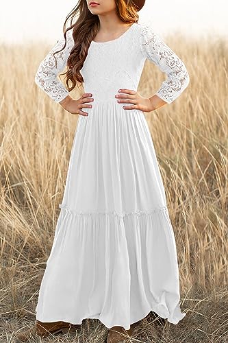 Image of MITILLY Girls Lace Flower Wedding Guest Long Maxi Dress for 6-12 Years | Girls Boho Dress, Girls' Special Occasion Dresses, Wedding Party, Size 6-12 Years, Ruffle Sleeve, A Line, With Pockets