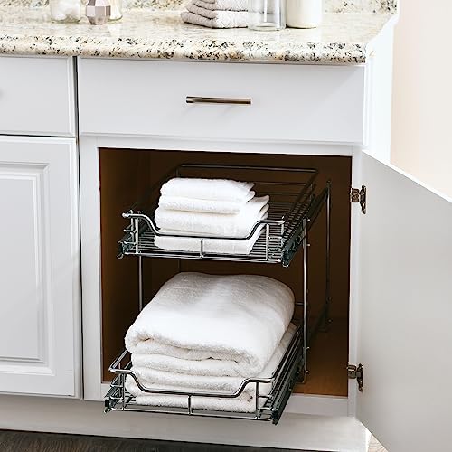 Household Essentials Glidez Slide Out Cabinet Organizer, 14.5” Wide, Durable Chrome-Plated Steel Frame, Dual Baskets And Smooth Glides, Heavy-Duty And Space-Optimizing, Simple Assembly And Installation, Chrome #TOP4