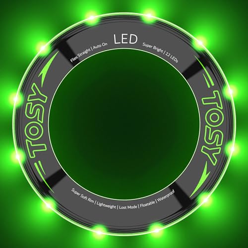TOSY Flying Ring – 12 LEDs, Super Bright, Lost Mode, Auto Light Up, Camping Essentials for Kids/Teens/Boy/Girl, Safe & Soft, Waterproof, Pool/Beach Games, Lightweight Toy (Green)