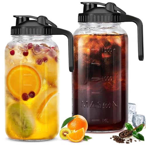 La Mejor Recopilación de Jarras de vidrio los mejores 5. 49 Jarra de Cristal Mason Jar con Tapa, 2 Piezas 64 oz - Boca Ancha Hermética a Prueba de Fugas, Ideal para Almacenar Alimentos, Jugos, Leche, Té Frío, Café Helado y Agua (Negro)