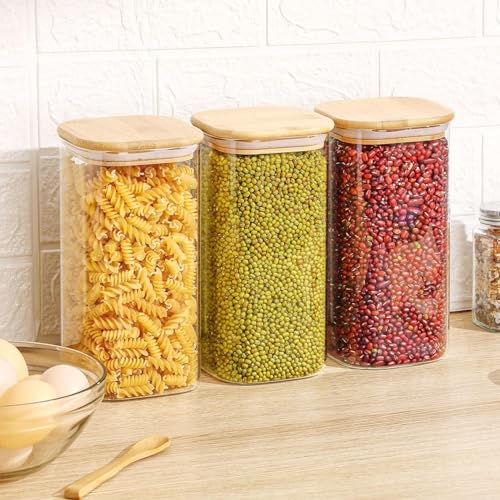 Image of MARTVIA Glass Food Storage Jars with Bamboo Lids 1500ml Set of 4, Wide Mouth Lid Jar for Home Kitchen,Flour, Sugar, Coffee, Pasta, Oats, Grains, Cookies, Snacks (Sqaure 1500 ML Jar, SET OF 4)
