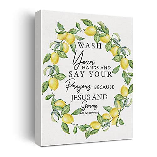 Kitchen Framed Canvas Wall Art, Wash Your Hands and Say Your Prayers Because Jesus and Germs are Everywhere, Christian Print, Bathroom, Guest Washroom, Housewarming Home Decor,11.5" X 15"
