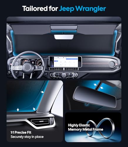 Image of Wigoo for Jeep Wrangler Windshield Sunshade [OEM Design, 100% Sun Blockage] Foldable Heat Insulation Sun Shade with Storage Bag, for Jeep Wrangler (2018-2026), Silver Coating