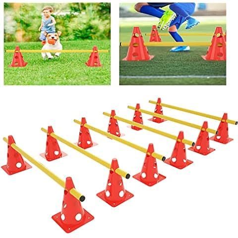 YRHome Dog Set Agility Training Hurdles Coordination Training Equipment Push-in Hurdle Set 12 Cones + 6 Bars Height Adjustable with Holes for Football Basketball Dog Trainer Cover