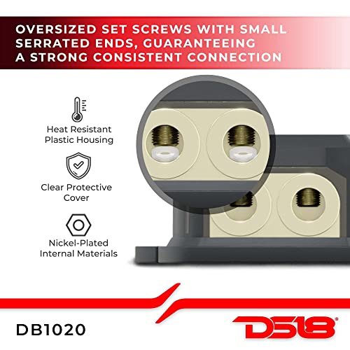 Image of DS18 DB1020 Distribution Ground Block - 1 x 0GA in / 2 x 0GA Out, Nickle Plated Internal Materials, High-Strength Heat Resistant Plastic Housing, Oversized Screws for Secure Connections (1 in 2 Out)