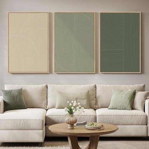 Large Framed Green and Neutral Beige Abstract Wall Art for Living Room, 3 Piece Modern Canvas Prints Paintings, Minimalist Geometric Line Pictures for Hallway Dining Bedroom Office Wall Decor 24x36 In
