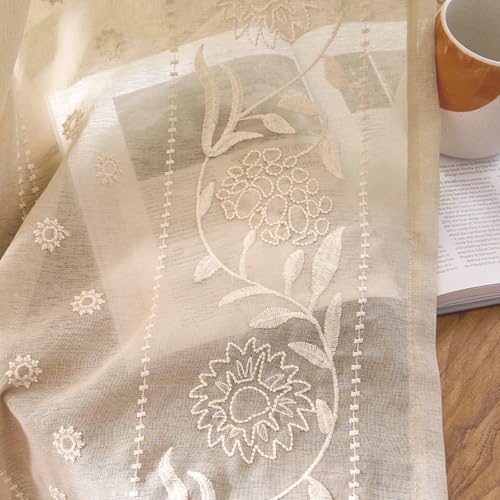 Image of jinchan Winslow Sheer Curtains 96 Inch for Bedroom Living Room Embroidered Bordered Floral Nursery Curtains for Boy's Room Light Filtering Window Treatments, Ivory on Beige, 2 Panels, 50 inch x 96 inch