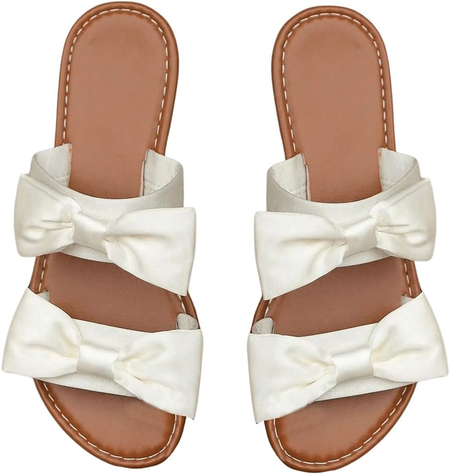 GORGLITTER Women’s Bow Flat Sandals Dressy Double Strap Cute Vacation Slide Shoes