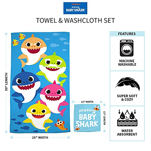 Franco-Baby-Shark-Kids-BathPoolBeach-Soft-Absorbent-Cotton-Terry-Towel-with-Washcloth-2-Piece-Set-50-in-x-25-in