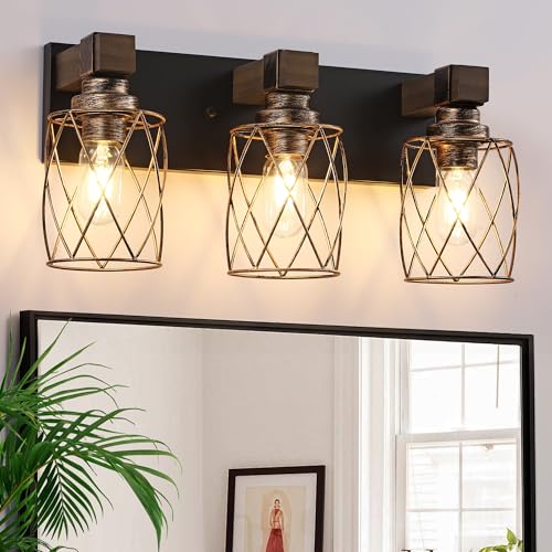 Image of 3-Light Black Gold Farmhouse Vanity Light, Wood & Metal Cage Shade | Mounted Over Mirror, Industrial Rustic Style, Ideal for Bathroom, Bedroom, Hallway & Living Room, Easy To Install