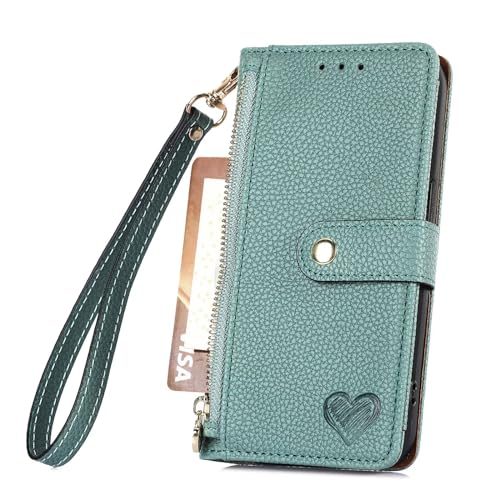 Miagon Cerniera Portafoglio Custodia per iPhone 16 PRO Max Magnetica Cuore Cover Protettiva Libro con 7 Porta Carte Flip Caso con Cinturino da Polso