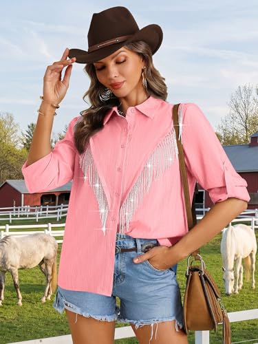 Image of MYMORE Womens Sparkly Fringe Shirt Western Cowgirl Country Concert Outfit