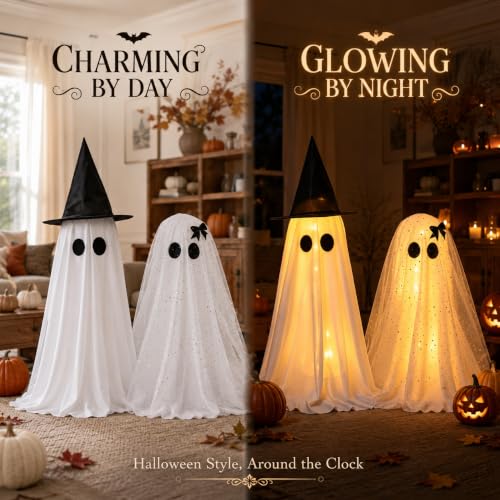 Twinkling Ghost Halloween Decor, 2 Pack Witch Hat and Bow Ghost Couple - image 4