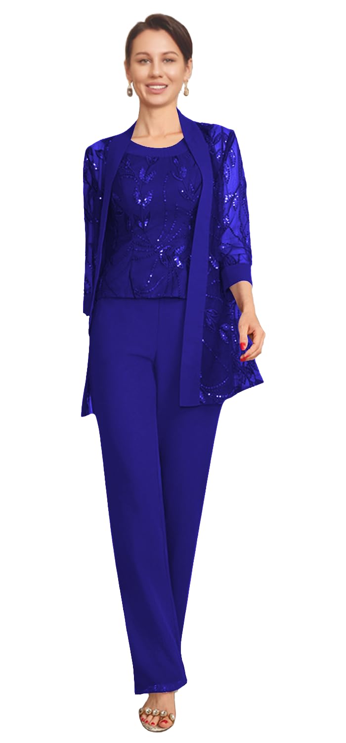 3 Pieces Chiffon Sequin Mother of The Bride Pant Suits with Jacket 3 4 Sleeves Plus Size Grandmother