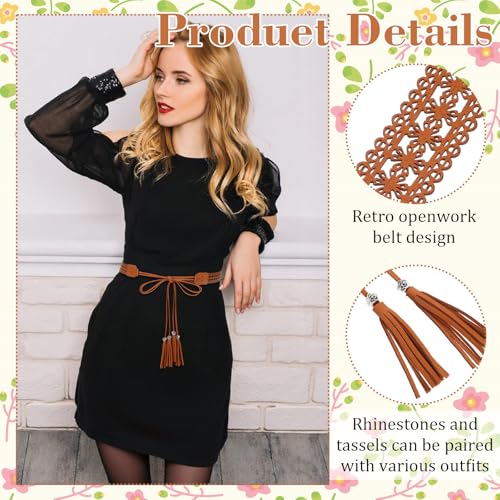 Boho Belts for Women, Vintage Cowgirl Belt, Western Ethnic Dress Belts, Soft Tassels Hollow Floral Waistband for Weddings Parties4