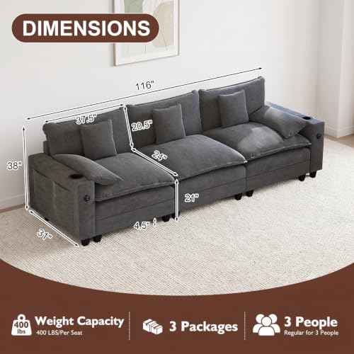 Image of KCGKCG 116 inch 3-Seater Cloud Sofa, Modular Sectional Couch, Chenille Deep Seat Cloud Couch with Charging Station, Cup Holder, Side Pocket, Double Layer Seat Cushion Couches for Living Room, Grey