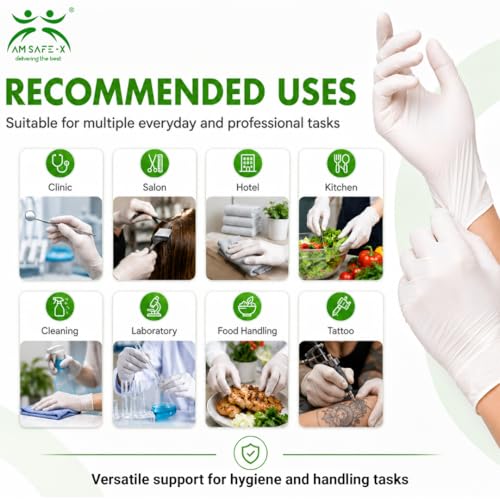 Image of AM Safe White Latex Disposable Gloves | Powdered | Food Handling | Multipurpose Gloves for Kitchen, Cleaning, Cooking, Housekeeping & Household Use | 80 Pcs | Large