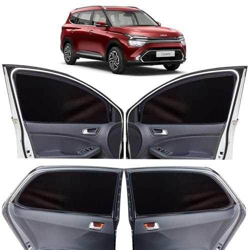 Image of OTO2EYE Car Sun Shade Compatible for Kia Carens Model 2022 Till Now, Z-Black Super Magnetic Grip, Front Window Zipper, Side Window Curtains, 6 Pieces Set
