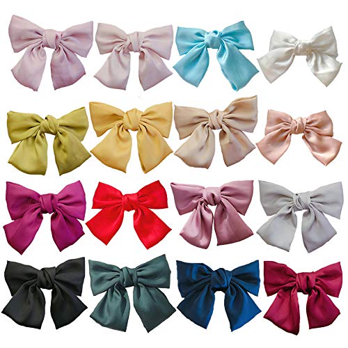 TODEROY 16Pcs Large Bow Satin Hair Clips for Women Lolita Retro Solid colors French Barrettes Handmade Hair Accessories