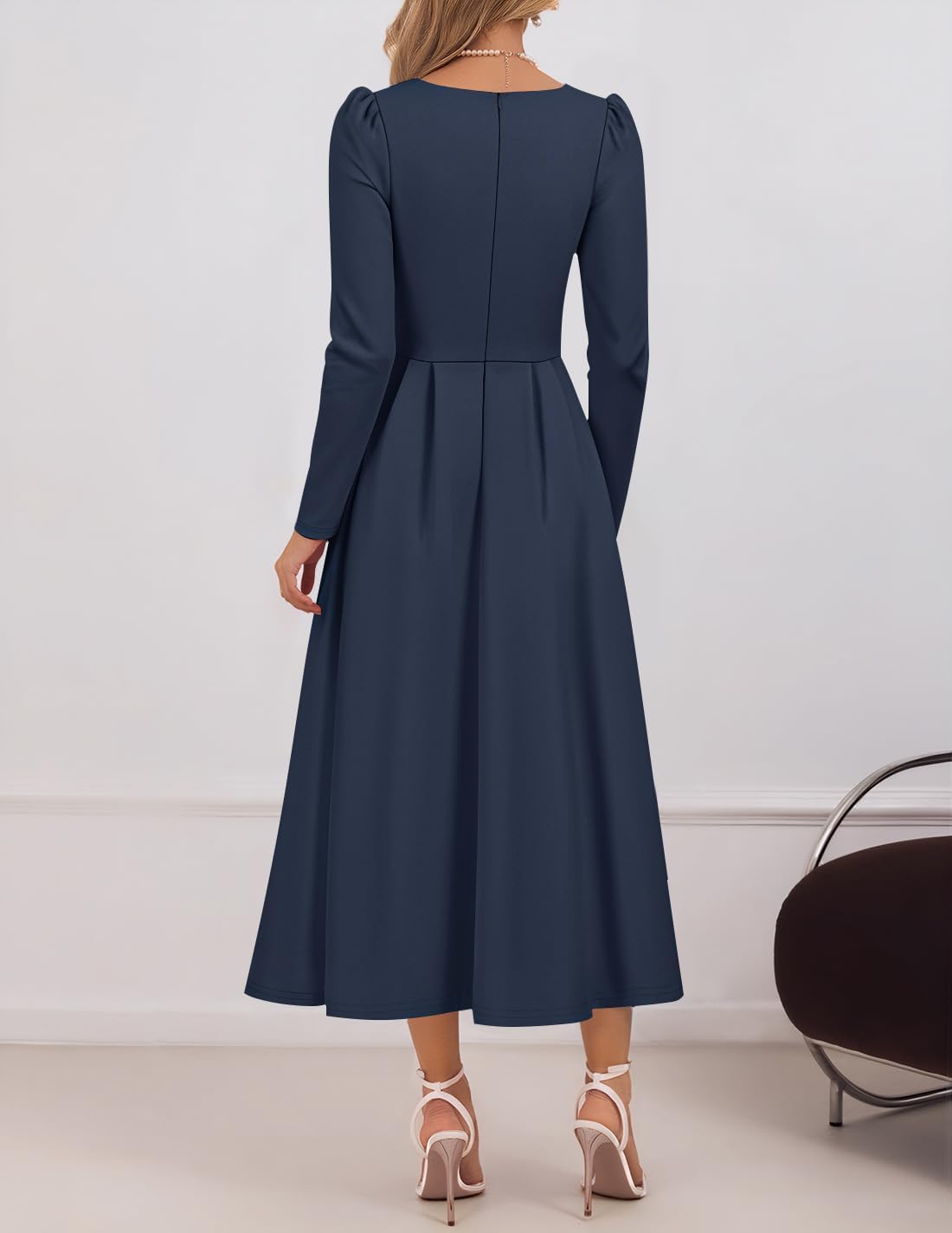 ZESICA Women's Long Sleeve Midi Dresses 2026 Spring Elegant Crewneck Swing A Line Wedding Guest Party Dress with Pockets - Image 3