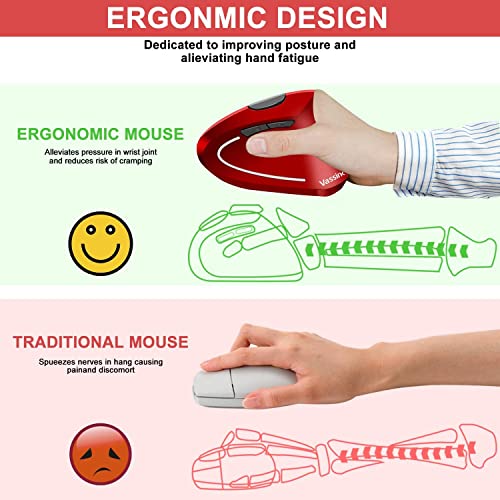 Vassink Ergonomic Rechargeable Wireless Mouse, 2.4Hz Rechargeable Wireless Vertical Optical Mice With Usb Receiver, 6 Buttons, 800/1200/1600 Dpi Red #TOP2