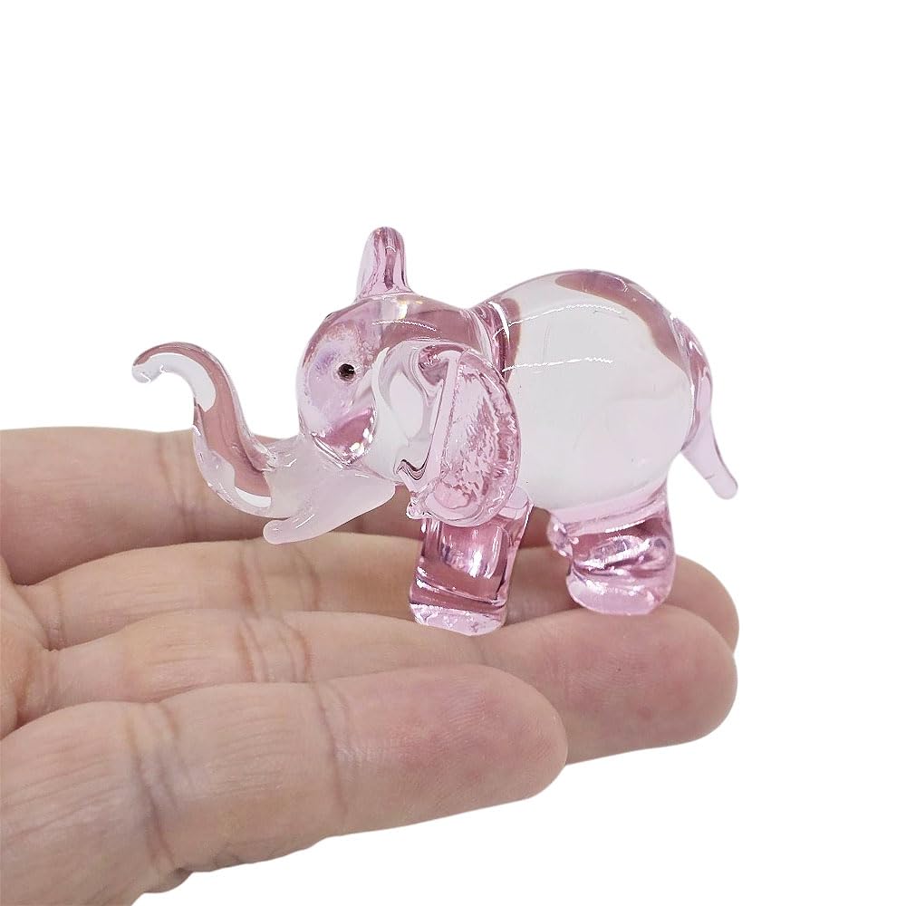 WitnyStore Tiny 2¼" Clear Pink Elephant Lift Trunk Figurine - Miniature Hand Blown Painted Glass Elephants Tropical Animals Cute Crystal Decorative Collectible Figures Décor Gifts