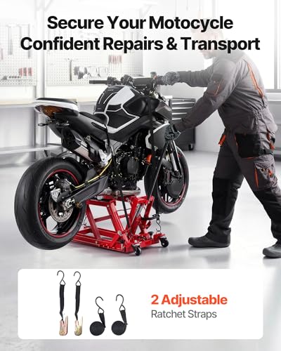 Image of VEVOR Hydraulic Motorcycle Lift Jack, 1500 lbs Capacity, ATV Lift Jack Portable Motorcycle Hoist Stand with 4 Wheels, 4.5 inch-15.2 inch Height Range, Hydraulic Foot-Operated Hoist Stand for ATVs, Dirt Bikes