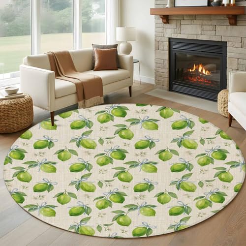 Round Area Rug 5ft, Green Lemons Washable Non-Slip Circle Rugs
