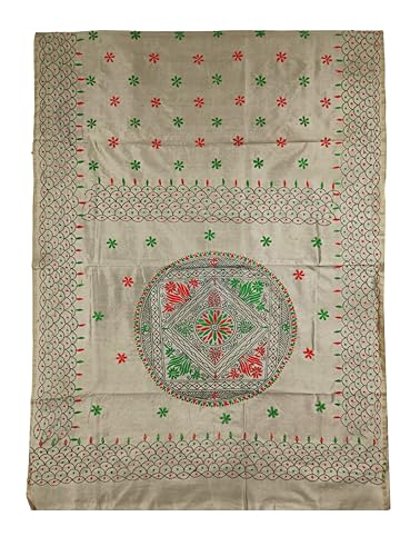 Image of SHRISTI CLOTHINGS Women's Hand Embroidered Cotton Silk Kantha Stitch Saree with Blouse Piece (J420724 GRAYOLIVE)
