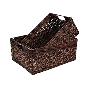 Rectangular Woven Water Hyacinth Basket,Dark Storage Basket With Inside Handle Shelves Kitchen Office Desk (Set of 2) Rectangular Woven Water Hyacinth BasketDark Storage Basket With Inside Handle Shelves Kitchen Office Desk Set of 2