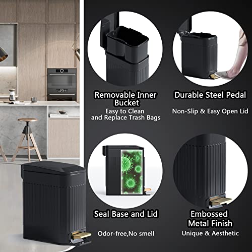 Image of CEROELDA Small Bathroom Trash Can with Lid-6L /1.6 Gal-Soft Close Lid-Black
