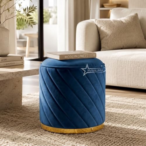 Image of Ottoman Stool, Puffy Stool, Sitting Stool, Modern Upholstered Round Ottoman, Dressing Table for Living-Blue