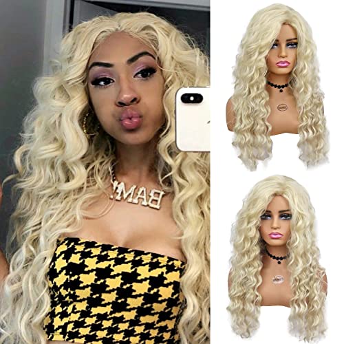 Image of GNIMEGIL 26 Inch Long Blonde Curly Wigs for Women Golden Wig Wavy Synthetic Wig Heat Resistant Looking Natural Hair Halloween Costume for Girls Cosplay