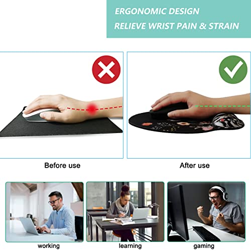 Mouse Pad with Wrist Support, Ergonomic Mouse Pad with Memory Foam Wrist Rest Cushion, Non-Slip Rubber Base Gaming Mice Pad for Home Office Computer Laptop, Flower Black - Thumbnail 2