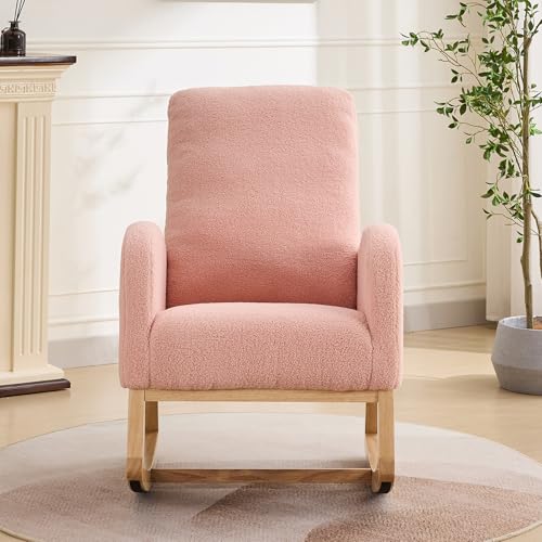 Image of Rocking Chair Nursery, Glider Rocking Accent Chair with Wood Legs, High Back Pocket Modern Upholstered Nursery Chair, Comfy Accent Rocker Armchair for Living Room Bedroom, Sherpa Pink