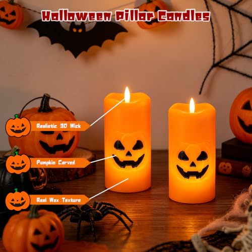 Image of Eldnacele Halloween Pumpkin Flameless Pillar Candles Battery Operated with 6 Hour Timer, 3D Wick Flickering Orange Real Wax Hand-Painted LED Candles Indoor Halloween Home Decor(2 Pack, 3 inch D x 6 inch H)