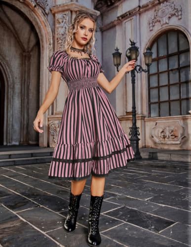 Image of Scarlet Darkness Womens Gothic Pirate Corset A Line Midi Dress with Pockets | Convertible Square /Off Shoulder, Puff Sleeves, Smocked Waist, Pockets, Tiered A-Line Hem. For Daily, Gothic & Witch Cosplay